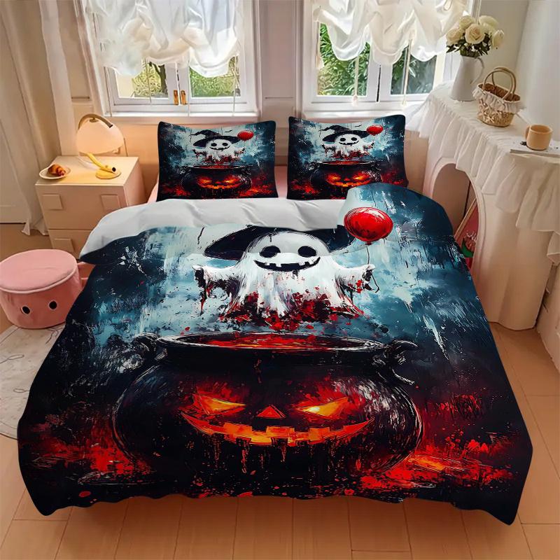 3pcs Halloween Ghost Printed Duvet Cover Set (1 * Cover+2 * Pillowcase, Without Core), Suitable for Home Bedroom, Guest Room, Dormitory Decoratio