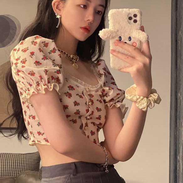 Летний топ с цветочным узором и вафельной сеткой, квадратным вырезом, рукавами-пузырьками и открытым пупком для женщин