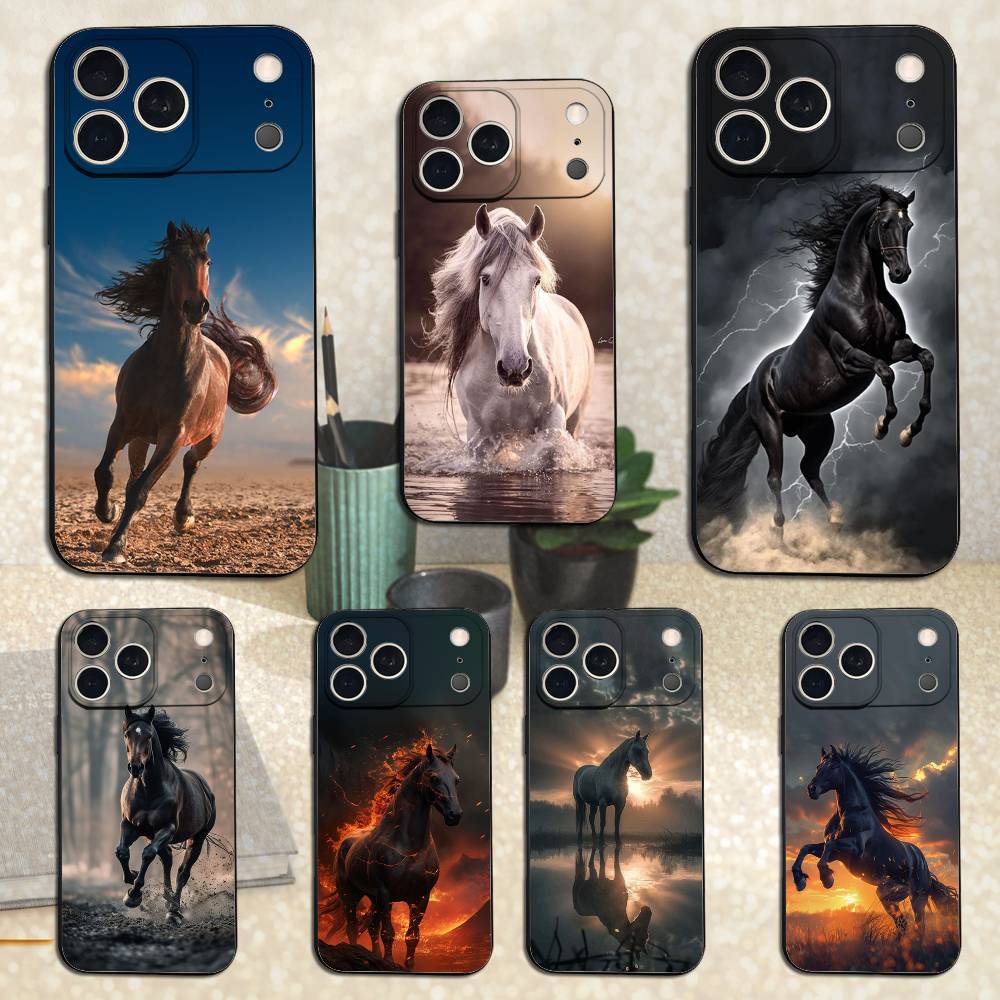Скачущая Лошадь Животное Для iPhone 12,14,13,15,16,11,17,X,Mini,XR,SE,XS,Plus,Pro,Max,8,7,Мягкий Силиконовый Черный Чехол
