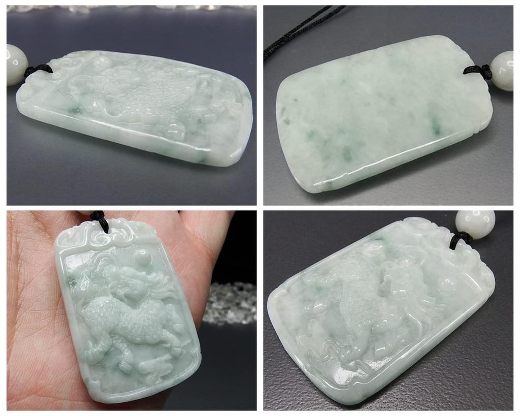 Ishigai Good Luck Samurai Amulet Kirin Hand Carved Jade Pendant Necklace Natural Stone
