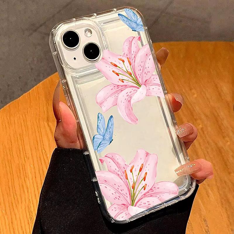 Ins Pink Lily Pattern Transparent Phone Case for iPhone 17 16 16E 14 13 15 Pro Max 11 12 Pro 17 Air 15 Plus Shockproof Cover