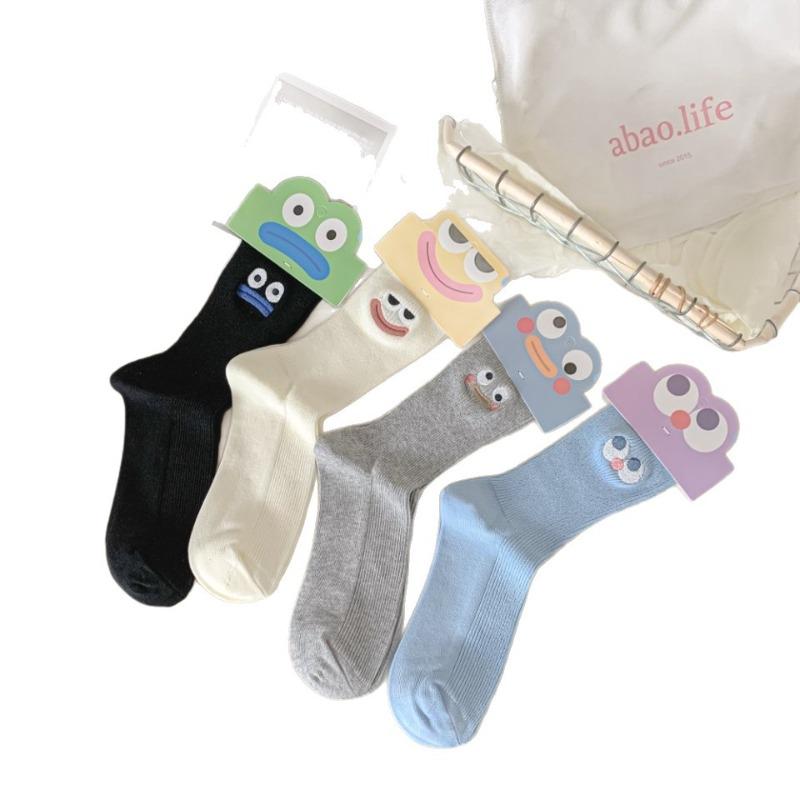 Осень Чистый Хлопок, Милое Улыбающееся Лицо, Большие Глаза, Вышивка, Веселая Девочка, Новые и Озорные Абстрактные Гольфы до середины икры, Однотонные Носки для Девочек