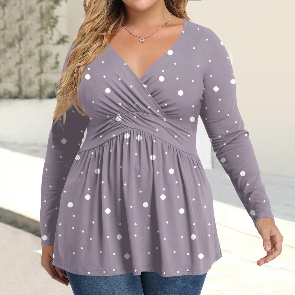 Женская рубашка большого размера с длинным рукавом, принт, плиссированный повседневный топ с V-образным вырезом