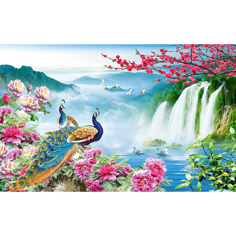 Пейзаж Настенные обои 3D Павлин Пейзажная живопись Природный пейзаж Фреска Гостиная Телевизор Диван Кабинет Классический фон Стена 3 D Домашний декор