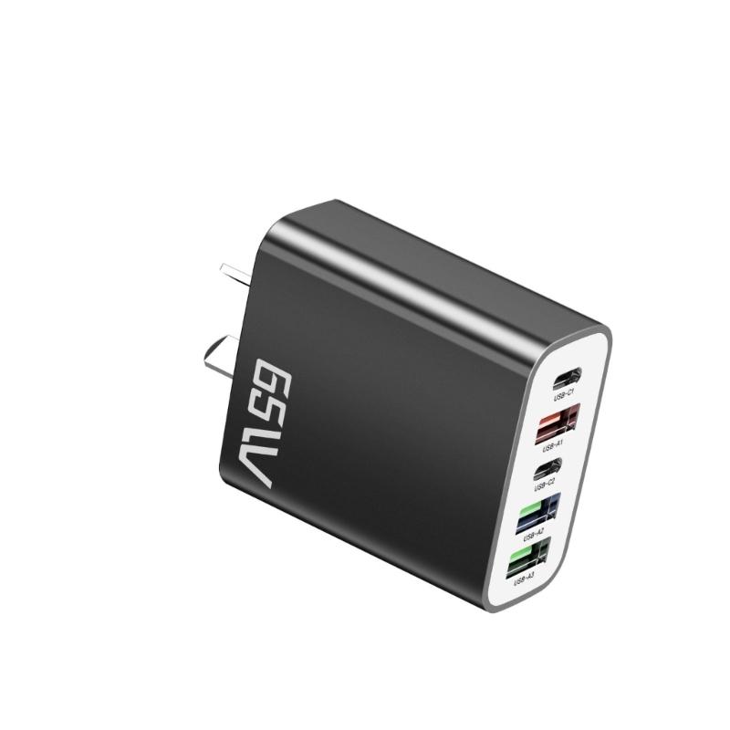 Многопортовое быстрое зарядное устройство PD65W Компактный сетевой адаптер с 5V3A Power Delivery, 2 порта USB-C, 3 порта USB-A