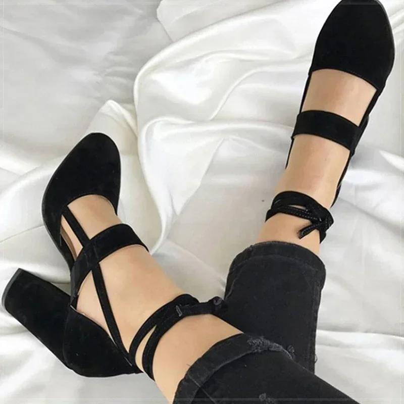 Sapatos Feminino, большой размер 35-43, женские летние гладиаторские туфли на высоком каблуке для вечеринки, свадебные туфли, модные туфли на толстом каблуке со шнуровкой, черные 2024 г.