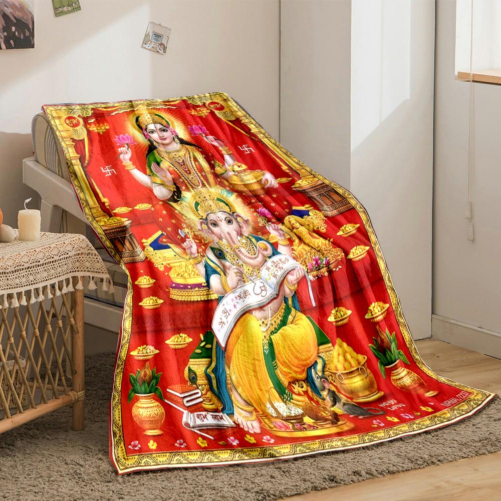 Hindu Goddess Lakshmi and Lord Ganesha ArtFlannel blanket for bedroom, living room, sofa, and nap