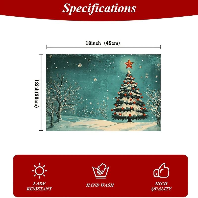4-Pack Festive Christmas Placemats, Merry Christmas Polyester Table Mats, Atomic Era Turquoise Teal Tree Design, Machine Washable Rectangular Dining D
