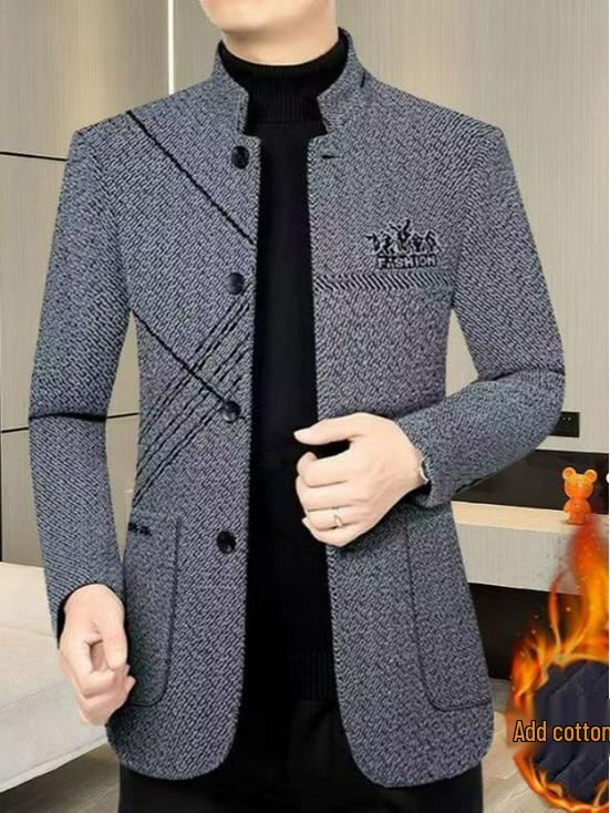 Мужская шерстяная куртка средней длины с воротником-стойкой - Business Casual для осени/зимы