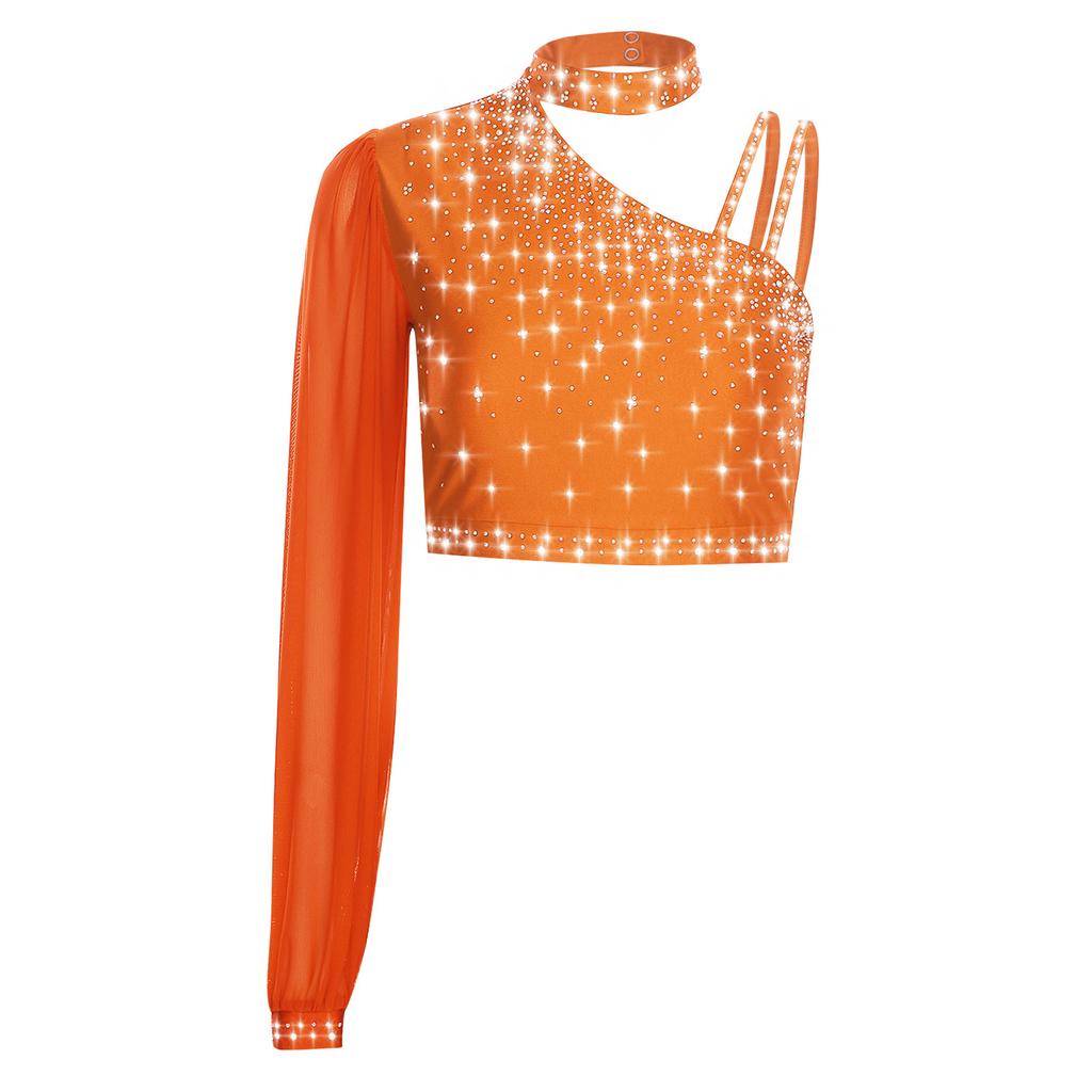 Womens Lyrical Dance Top Asymmetrical Sheer Mesh Long Sleeve Shiny Colorful Rhinestone Crop Top