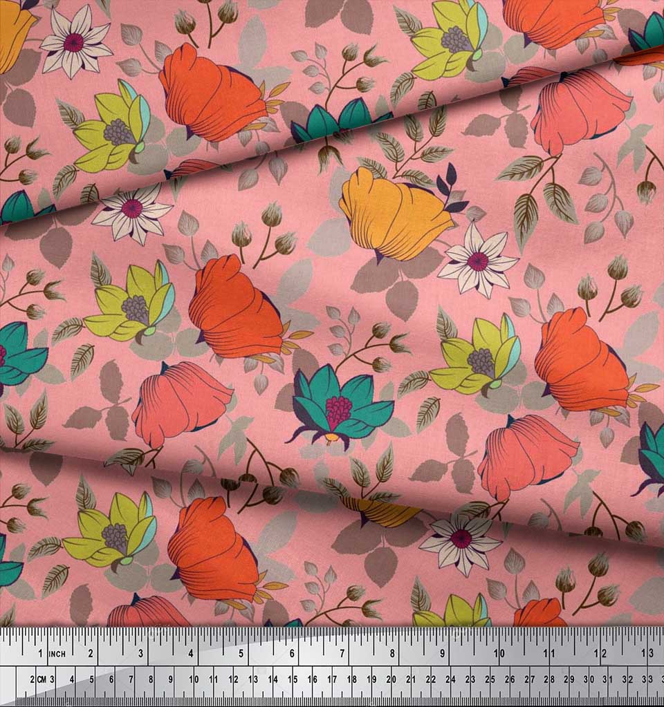 Soimoi Japan Crepe Satin Fabric Leaves & Floral Artistic Fabric Prints By Metre 42 Inch