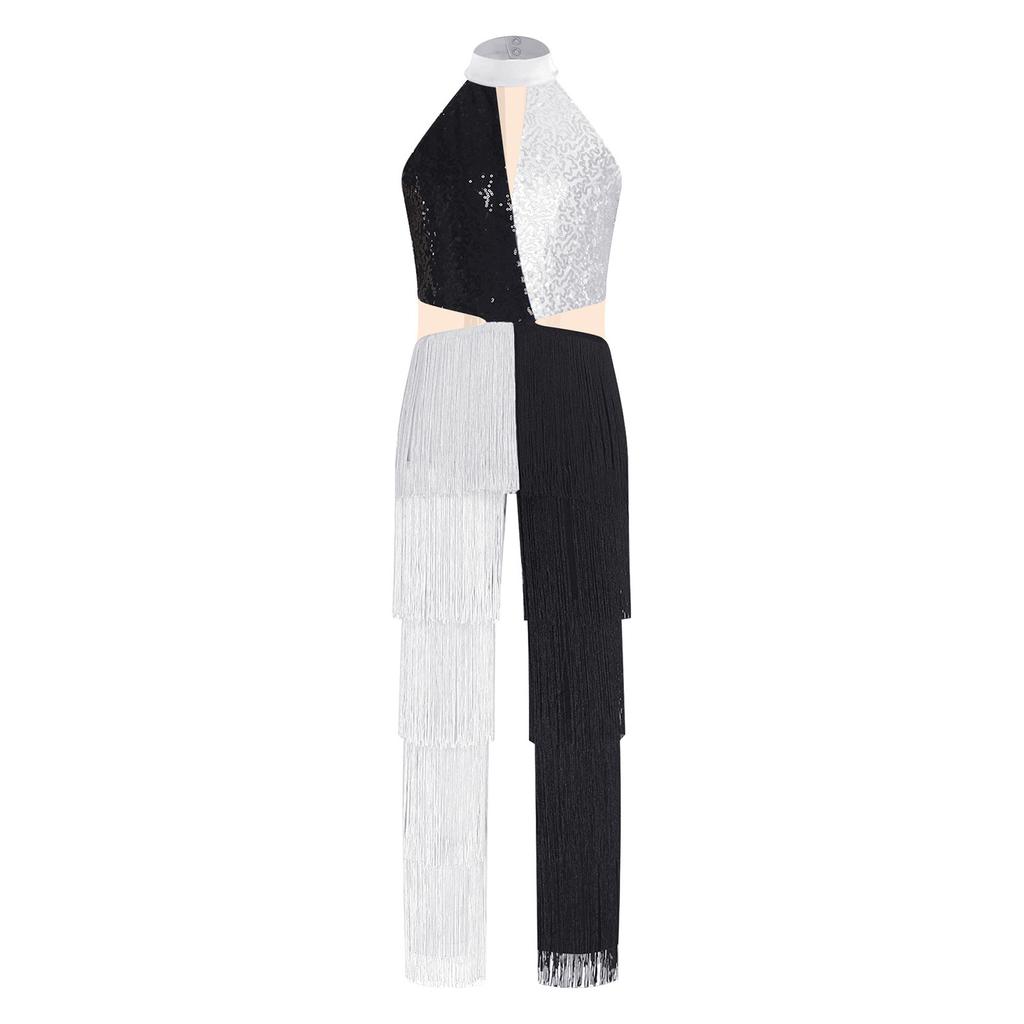 Girls Sequin Dance Jumpsuit Halter Sleeveless Cutout Back Color Block Tassel Design Latin Disco Party Bodysuit