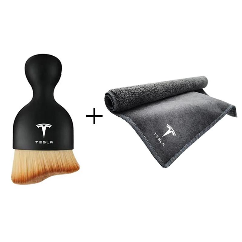 Sticker Tesla Car Towel Suede Double-sided Car Cleaning Cloth with Car Detail Cleaning Brush For Tesla Model S X Y 3 Roadste