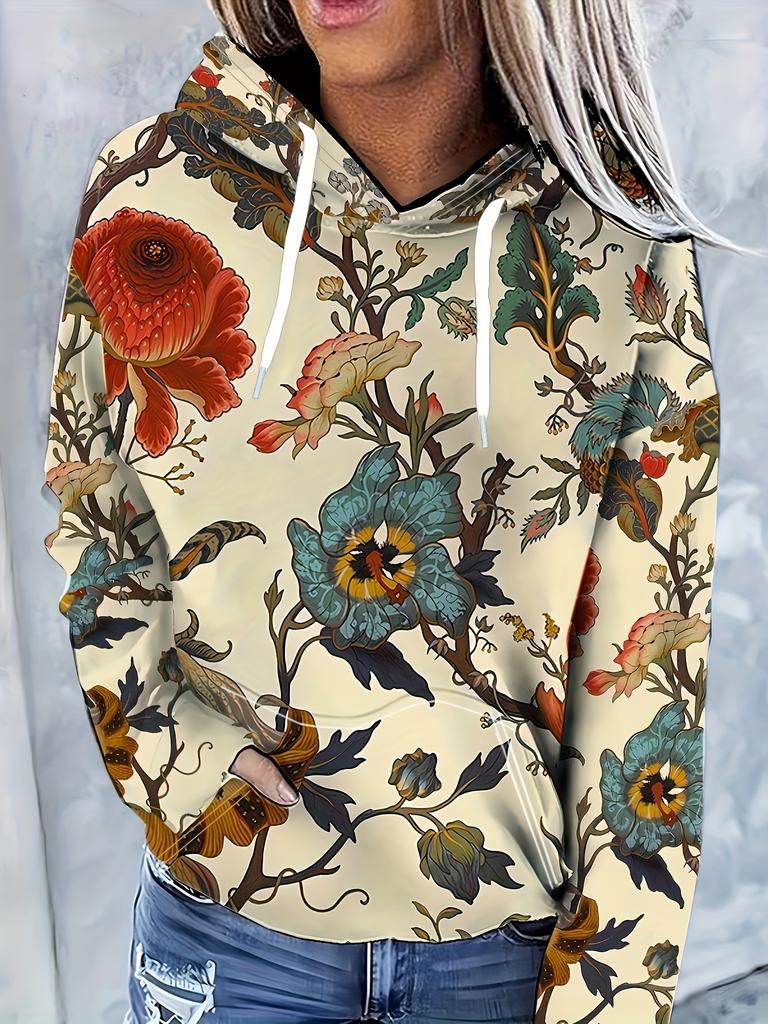 Womens Floral Print Hoodie with Kangaroo Pocket - Stylish Long Sleeve Drawstring Sweatshirt for Casual Wear - Comfortable, Trendy, All-Season Fashion