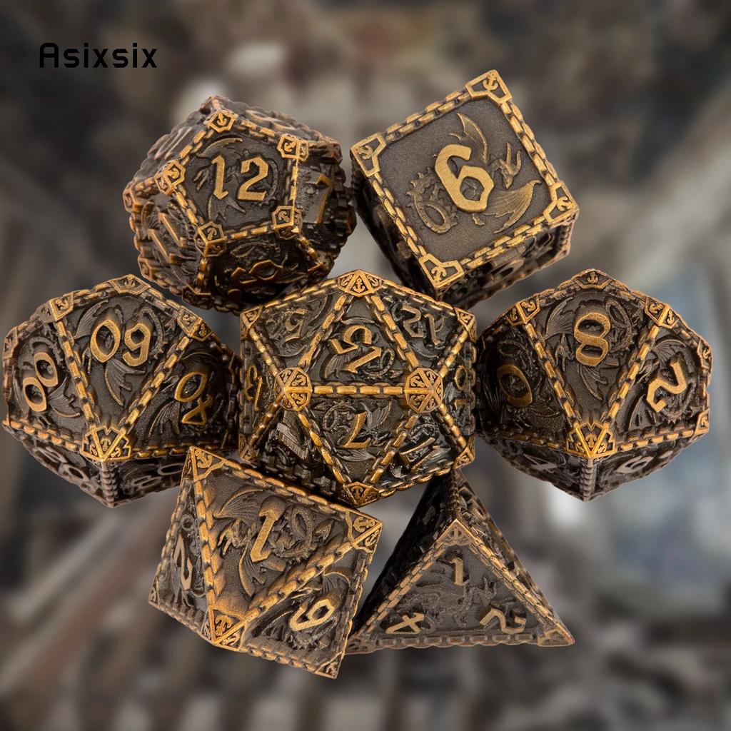 7 Pcs Yellow Dragon Metal Dice Solid Metal Polyhedral Dice Set Suitable for Role-Playing RPG  Board Game Card Game