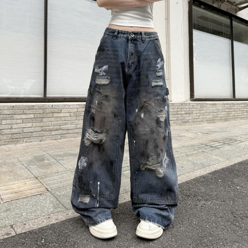 Womens High Street Distressed Jeans Wide Leg Splash Ink Straight Loose Fit Floor Length