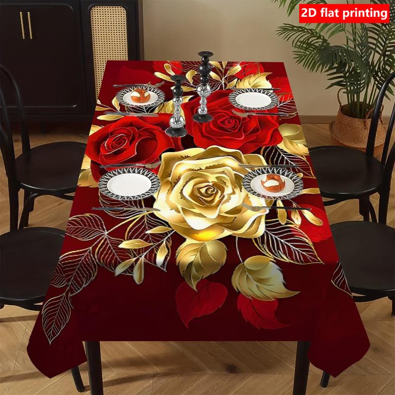2D Flat Printing, 1pc of Luxurious High-end Floral Tablecloth, Vintage Red and Golden Floral Print Design, Square Tablecloth, Suitable for Picnics, Ca