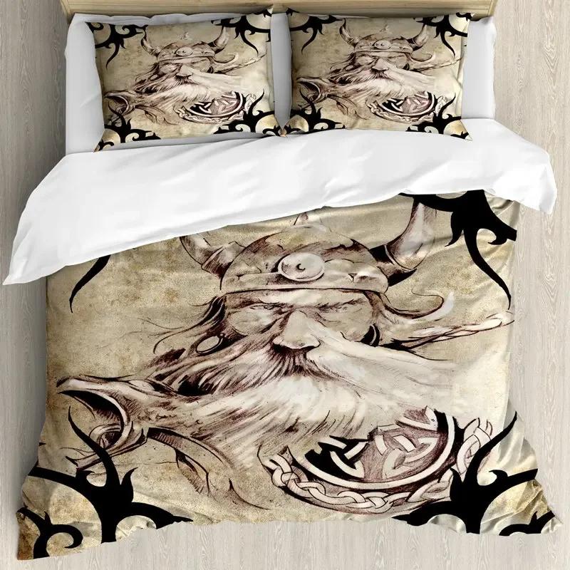 Viking Duvet Cover Set King/Queen Size Slate Blue Mjolnir Pattern Bedding Set Northern Germanic Culture Polyester Quilt Cover