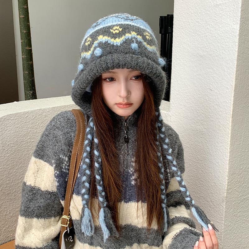 Mori retro jacquard knitted hat winter atmosphere hat women's Fair Island wool hat thermal ear hat