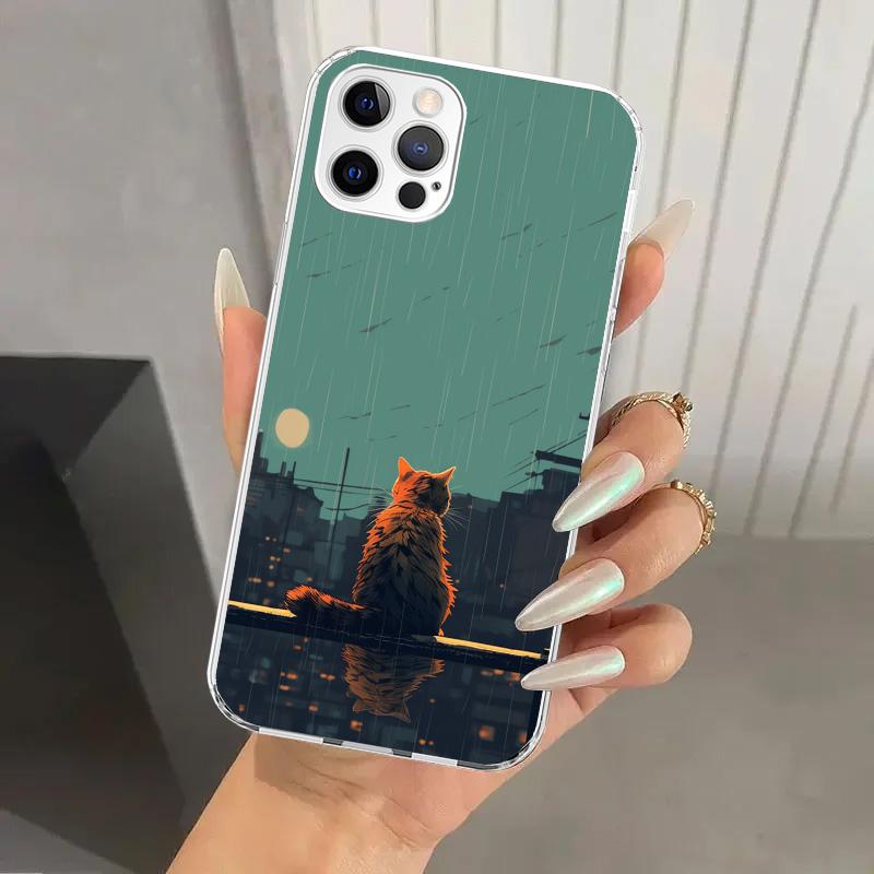 Аниме Кот Дождь Животное Чехол для Телефона для Iphone 17 Air 16 15 Plus 14 13 Mini 12 11 Pro Max 16E 7 8 SE 2020 Мягкий Чехол Принт Оболочка 16