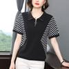 Женская летняя футболка с коротким рукавом, новая, с рукавом до локтя, большого размера, свободная, универсальная, полосатый топ с воротником поло для мамы