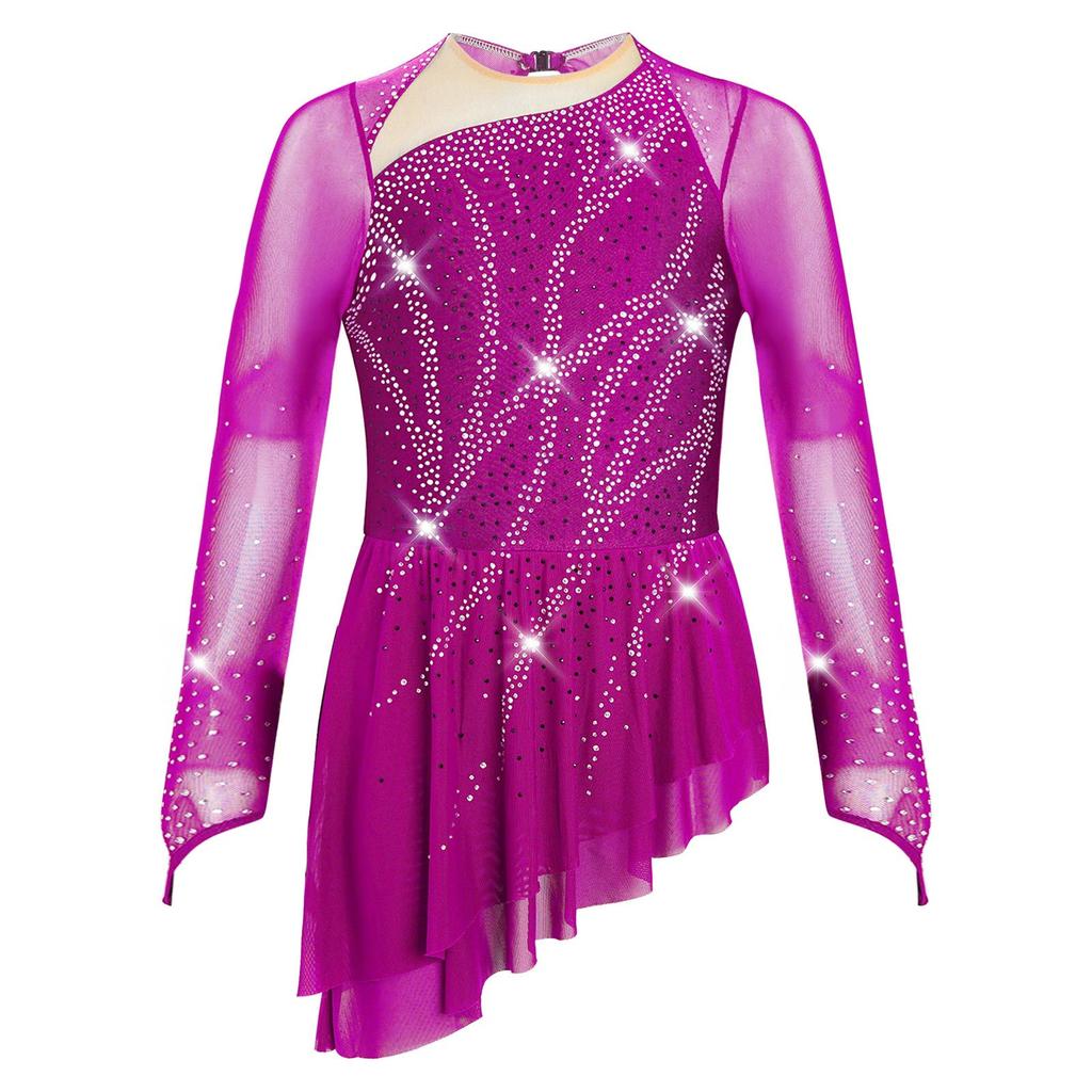 Girls Lyrical Dance Dress Sheer Mesh Long Sleeves Cutout Back Design with Sparkly Rhinestones Asymmetric Hem Skirt