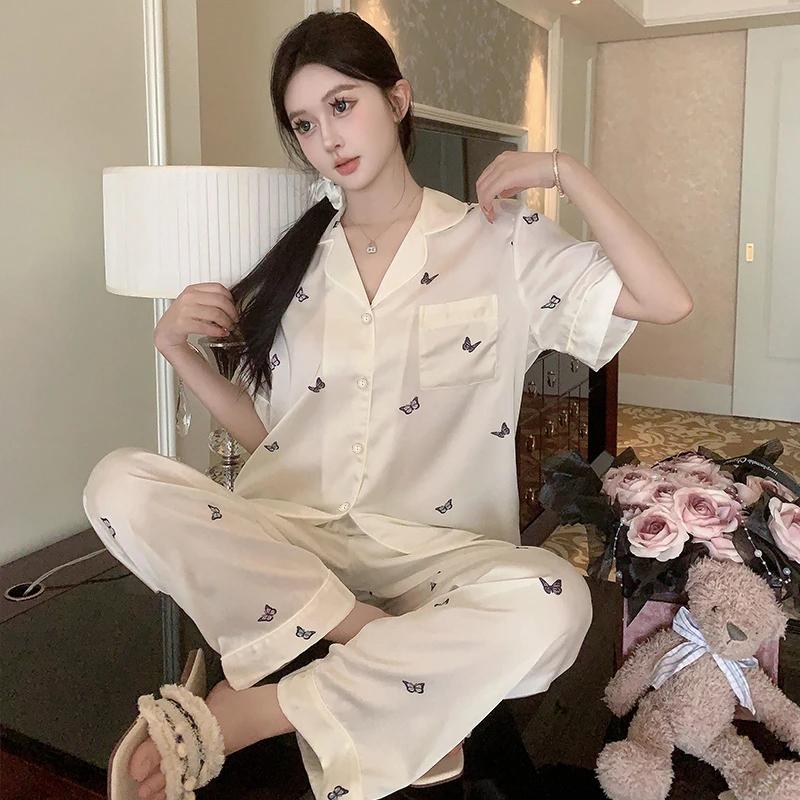 French Romantic Lethargic Style Art Butterfly Women Pajamas Elegant Short Sleeve+pant Sleepwear New Summer Home Lounges