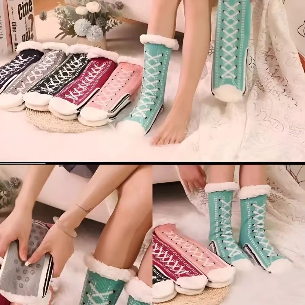 1Pair Plush Floor Sleeping Socks Non-slip Slipper Sock Fashion Snow Socks for Woman Girls