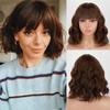 Short Wave Bob Wig Brown Black Ombre Color Synthetic Short Wavy Wig with Bangs Daily Wear for Women