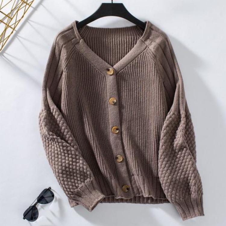 Loose Knitted Sweater Coat Women Solid Color V Neck Lantern Long Sleeve Cardigan Single Breasted
