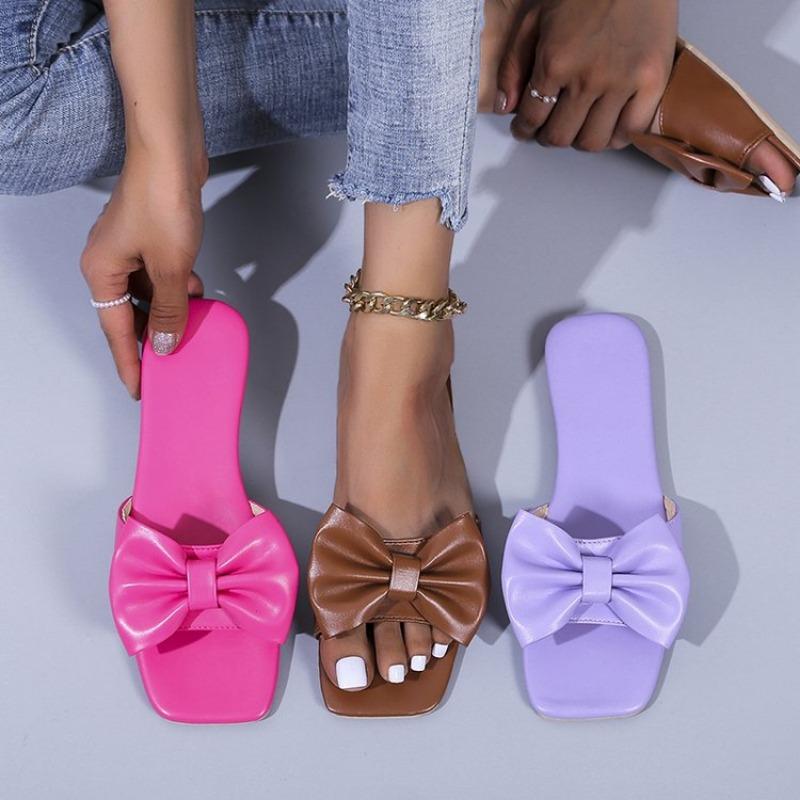 2024 Sandals Fashion Summer Plus Size One-line Solid Color Bow Flat Sandals Outdoor Beach Slippers Elegant Women Shoes