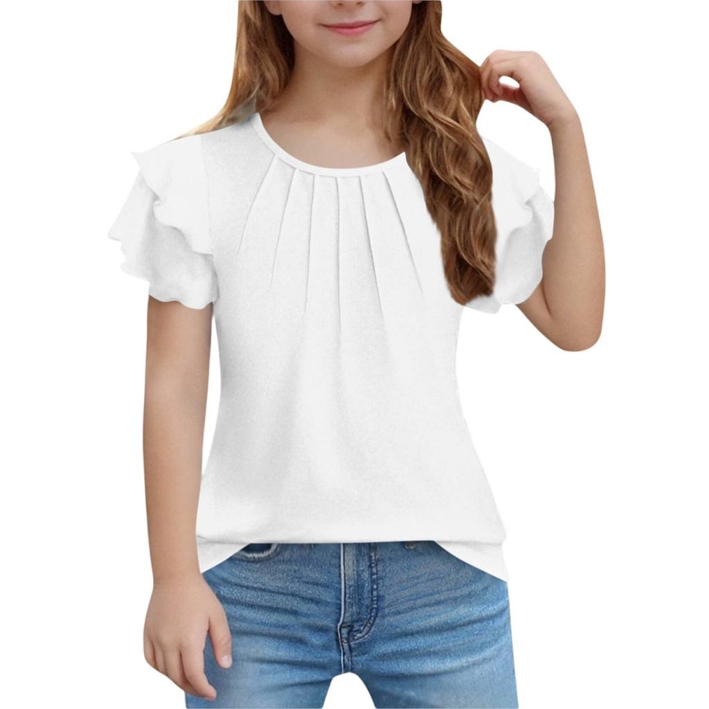 Girls' Ruffled Tee - Solid Color Short Sleeve Casual Top