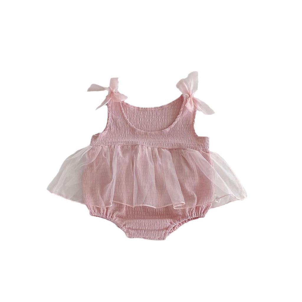 Летний детский комбинезон: Розовое сетчатое платье принцессы со сладким бантом для новорожденных девочек