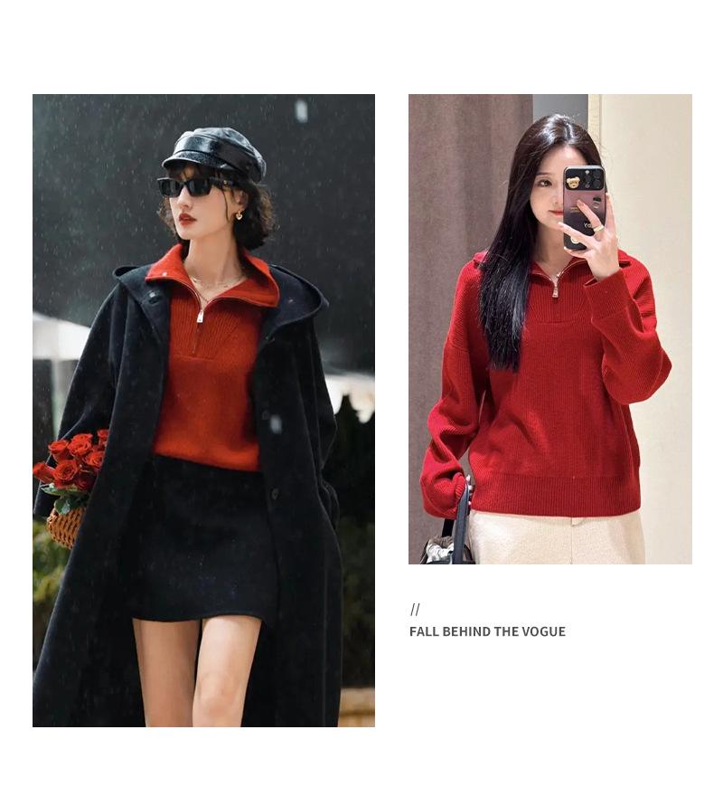 2025 Red Wool Zip-Up Collar Knit Pullover for Women - New Year Collection