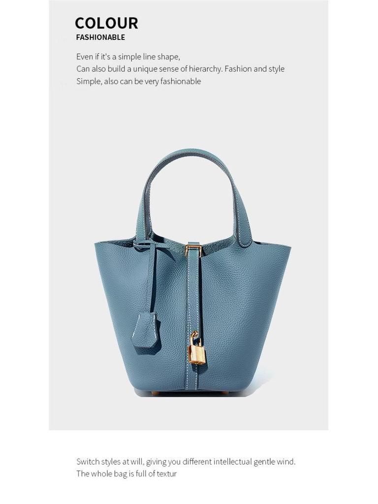 Women's Genuine Leather Bucket Bag - Top Layer Cowhide, Versatile Vegetable Basket Handbag