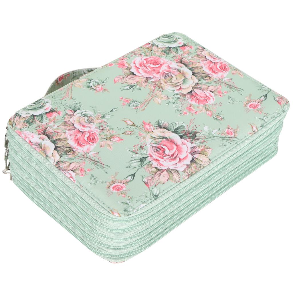 Pencil Case Rose Printed Multi Layer Zipper 252 Slots Portable Pen Holder Storage Pocket(Green Background Rose )