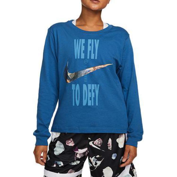 Nike Swoosh Vintage Letter Crew Neck Long Sleeve Loose Casual Hoody Women sweatshirt Blue DX0727-407