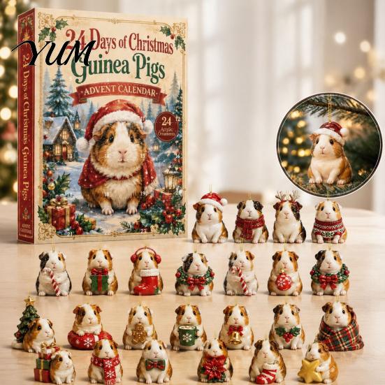 Christmas Hanging Pendant Guinea Pig Advent Calendar, 24-Day Acrylic 2D Ornament Set with Cute Animal for Tree Outfits, Decor, Gift Pet Lovers