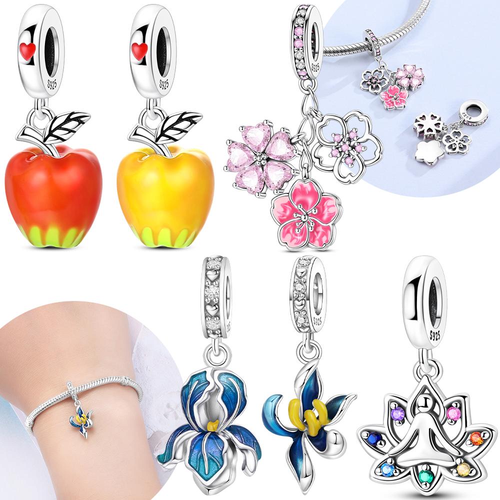 Оригинальные шармы медно-розовый цвет вишни и подвеска-бусина с голубой орхидеей подходят для браслета женские украшения изящный аксессуар подарок своими руками