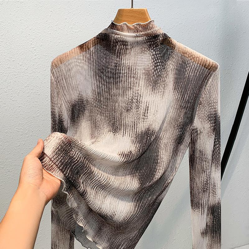 Half Turtleneck Base Shirt for Women's New Style Retro Printed Mesh T-shirt Thin Inner Top with Black Ear Top