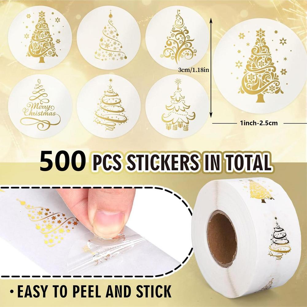 500 Pieces Clear Tree Sheet Christmas Stickers for Cards 1-Inch/2.5cm Adhesive Gold Foil Christmas Stickers Roll for Adults