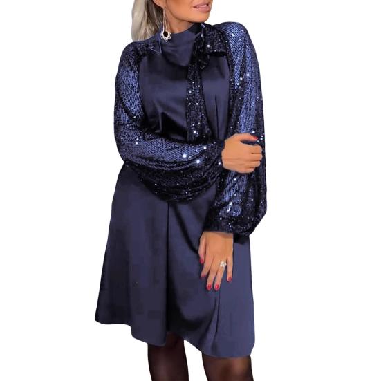 Women Dress Round Neck Lace-up Strap Shiny Sequin Patchwork Long Sleeves Midi Dress