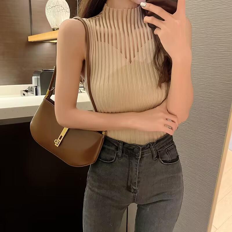 Half-high Collar Hollow Knitted Vest Mesh Splicing Inner Strap Sweater Vest Tight Sleeveless Middle Collar Bottom