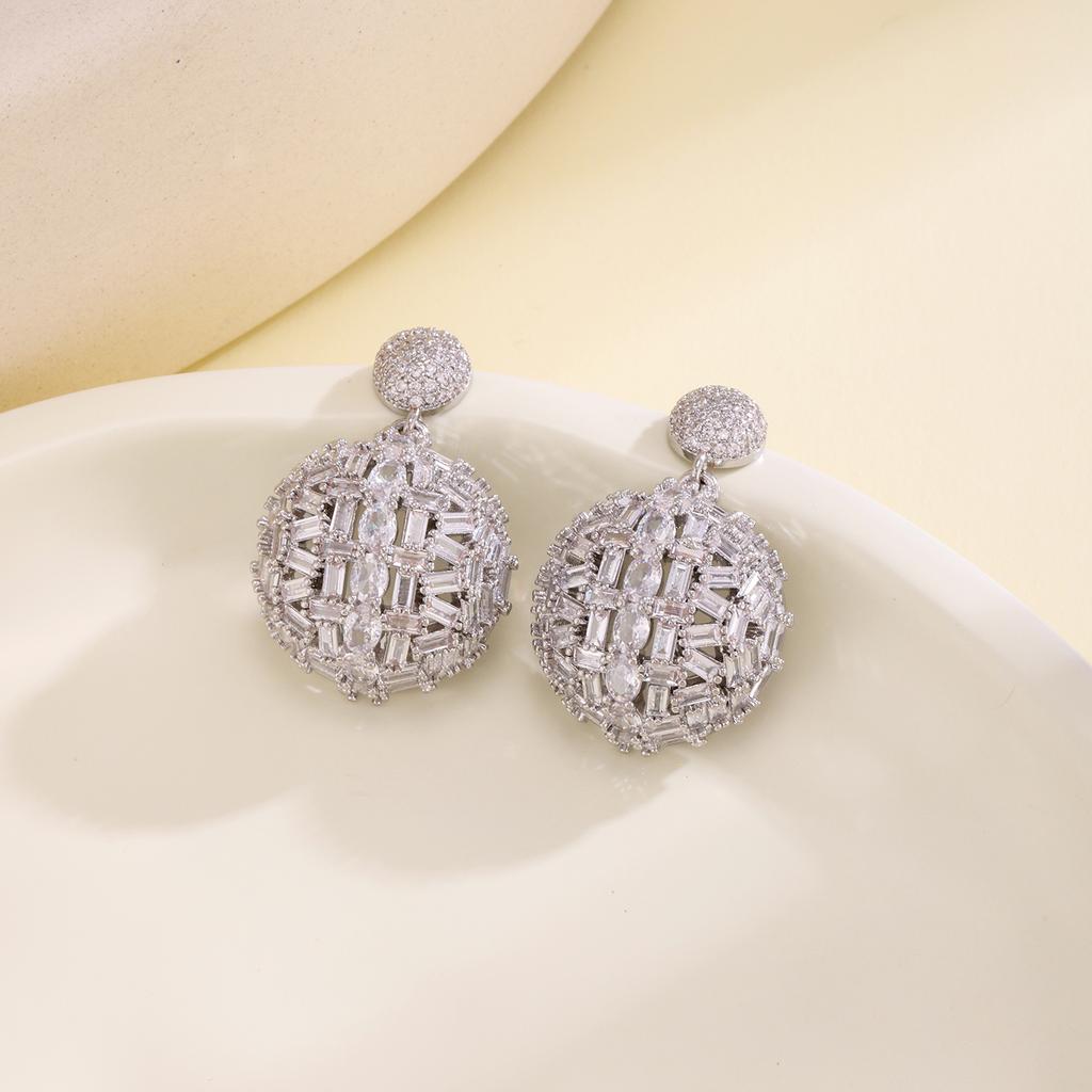 Nidin Light Luxury 3D Ball Drop Earrings For Women Shiny Baguette Cubic Zirconia Paved Round Wedding Party Prom Jewelry Gifts