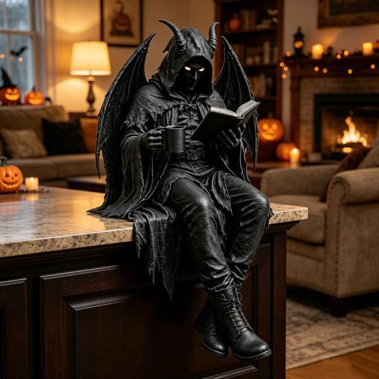 Yousheng Gothic Dark Fantasy Figure, Reading Hooded Grim Reaper Statue, Halloween Resin Sitting Skeleton Figurine for Bookshelf Home