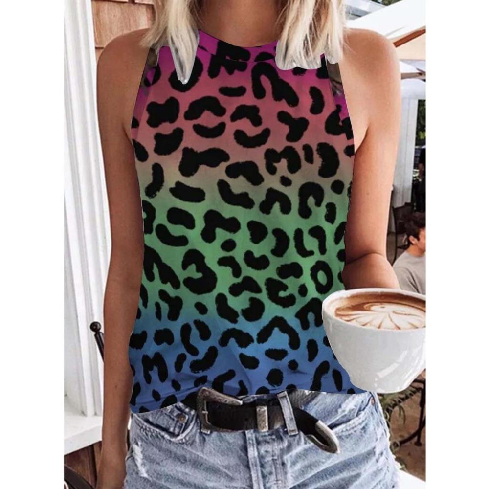Летние топы с леопардовым принтом и пайетками, 3D-принт, женская мода, уличная одежда, свободный жилет с круглым вырезом, без рукавов, женская майка