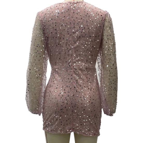 Women's Sexy Sequin Bodycon Dress Sheer Long Sleeve Deep V Neck Mini Dress Sparkly Evening Party Dress for Night Clubs