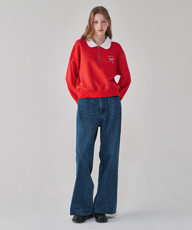 RONRON Heart Ribbon Collar Zip Up Sweatshirt Red
