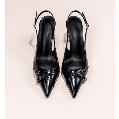 Женские туфли на высоком каблуке с мелким вырезом, летние элегантные черные туфли, украшенные пряжкой