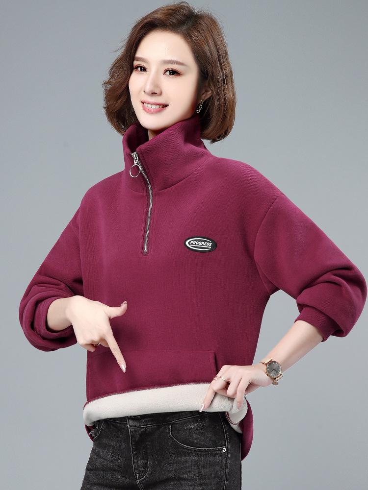 Женский утолщенный бархатный пуловер с застежкой-молнией на половину длины - модная свободная толстовка с воротником-стойкой на осень/зиму 2023 года